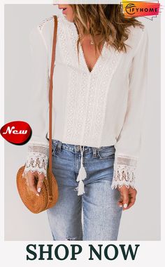 White Bohemian Crochet Detail V Neck Blouse Bohemian Crochet, White Bohemian, Crochet Details, V Neck Blouse, On Sale, V Neck, Crochet, Free Shipping, White