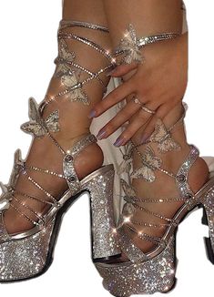 Glamorous Lace-up Heels With Rhinestones, Glamorous Lace-up Platform Heels, Glamorous Chunky Platform Heels For Party, Silver Lace-up Heels For Party, Silver Chunky Platform Heels For Party, Party Chunky Platform Lace-up Heels, Butterfly Platform Heels, Fluffy Heels, Country Shoes