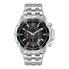 This timeless men's stainless steel chronograph watch by Bulova is a handsome choice. This timeless men's stainless steel chronograph watch by Bulova is a handsome choice. FEATURES Calendar ChronographDISPLAY Dial color: matte black Face cover material: mineral crystal Luminescence: hands & hour markersCASE Material: stainless steel Diameter: 45 mmBAND Material: stainless steel Type: link bracelet Clasp: fold-over push-button deployment Circumference: adjusts from 140 mm to 230 mm Width: 26 mmDE Modern Silver Chronograph Watch With Stopwatch, Stainless Steel Chronograph Watch With Subdials For Business, Business Chronograph Watch With Subdials In Stainless Steel, Classic Chronograph Watch With Round Dial, Classic Chronograph Watch With Stopwatch, Classic Chronograph Watch With Stopwatch For Formal Occasions, Classic Stainless Steel Chronograph Watch, Business Stainless Steel Chronograph Watch, Classic Stainless Steel Chronograph Watch With Tachymeter