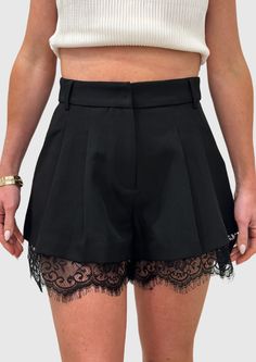 Lace Trim Shorts, Black LACE TRIM DETAILZIIP FLY HOOKPLEATS DETAIL Diy Lace Shorts, Trouser Shorts, Lace Trim Shorts, Formal Dress Shops, Black Lace Trim, Black Dress Formal, Outerwear Vest, Athleisure Wear, Lace Hem