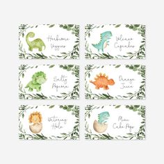 four watercolor dinosaurs place cards with green leaves