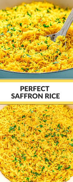 two pictures showing different types of rice in the same pan, one is yellow and the other has green sprinkles