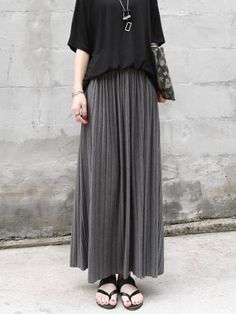 Casual Solid Color Elasticity Waist Pleated Skirts LIGHT GRAY-FREE SIZE Maxi Skirt Style, Elastic Skirt, High Waisted Maxi Skirt, Streetwear Mode, Rock Outfit, Pleated Long Skirt, Long Sleeve Wrap Dress, Pleated Maxi Skirt, Half Skirt