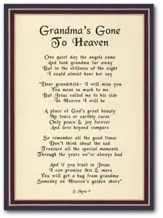 grandma's gone to heaven poem framed in black and white frame with red border