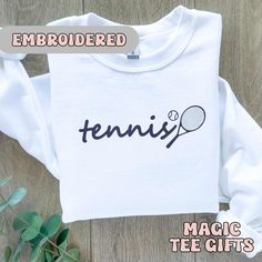 Get ready to be OBSESSED with your embroidered tennis sweatshirt. It's the cutest and most trendy way to emit all those tennis vibes! This is THE CUTEST tennis sweatshirt! Great as a tennis gift! * Q U I C K * F A C T S * ✺ 50% cotton preshrunk cotton 50% polyester ✺ Wash and dry normally (on cool for best results) * S I Z I N G * ✺ Models are wearing size XL for an oversized look ✺ Sizing is unisex so runs like men's, though not overly large ✺ Most women find their typical size works best, since they are meant to fit a touch loose ✺ Size guide and fit is included in the listing photos * S H I P P I N G * T I M E S * ✺ Our items are individually made with love for each of our buyers. Because of this, our processing time is 2-5 business days (depending on order volume) plus transit time, bu Tennis Accessories For Women, Tennis Sweatshirt, Mom Apparel, Tennis Accessories, Tennis Shirt, Tennis Tops, Tennis Gifts, Tennis Shirts, Sports Mom