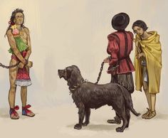 three native american men and two dogs standing next to each other, one wearing a red dress