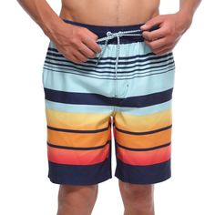 This Rokka&Rolla Men's 8" Stretch Swim Trunks with Mesh Lining, up to Size 2XL is your must have beachwear essential. The men's board shorts have elastic drawstring waistband closure. It is also equipped with UPF 50+ for enhanced UV sun protection. With breathable, mesh fabric to allow you to remain lightweight when swimming. These men's 8" inseam swim trunks with quick-dry microfibers help improve the water-resistance in your swimsuit. It helps dry faster when you are out from the water-based s Sporty Striped Swim Trunks For Summer, Sporty Striped Swimwear For Vacation, Striped Swim Trunks For Beach, Striped Summer Swim Trunks For Vacation, Striped Swim Trunks For Summer Vacation, Striped Swim Trunks For Beach Season, Vertical Striped Swimwear For Summer Poolside, Summer Vacation Swimwear With Contrast Stripes, Summer Striped Swim Trunks For Poolside