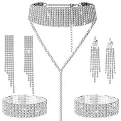 PRICES MAY VARY. Rhinestone jewelry set: the package comes with 1 piece of choker necklace, 2 pieces of crystal bracelets and 2 pairs of shiny dangle earrings, the earrings contains 2 different designs, which can meet your daily dress needs Bling material: this women's Gothic necklace bracelet earring set is made of alloy and rhinestones with exquisite craftsmanship, not easy to get rust and the rhinestones are not easy to fall off, which can company you for a long time Proper size: the circumfe Bff Rings, Layered Bangles, Fringe Bracelet, Rhinestone Jewelry Set, Rhinestone Choker Necklace, Gothic Necklace, Long Necklaces, Wedding Bridal Party, Rhinestone Choker