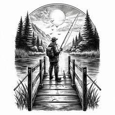 a drawing of a man fishing on a pier with the sun setting in the background