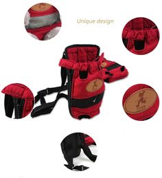 a red and black baby carrier with four different pictures showing it's attachments