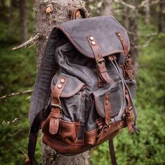 a brown and black backpack hanging on a tree in front of some green trees with no leaves