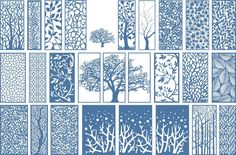 an image of trees and plants cut out from paper with blue ink on white background