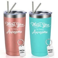 two personalized stainless steel tumblers, one with a keychain and the other with a thank you for being awesome tag