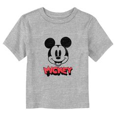 Who knew that dressing "mousey" could be so cute!? Celebrate Walt Disney's most iconic character with this officially licensed Disney Mickey Mouse and Friends Headshot Retro Logo Toddlers' Graphic T-shirt! This adorable tee features a fun, large Mickey Mouse portrait and his name printed in distressed style across the front. Grab some new Mickey and Friends apparel for the youngest members of the family and make their next trip to the Disney parks a memorable one! Mickey Mouse Graphic Tee Tops, Playful Mickey Mouse T-shirt For Disney Fan Events, Mickey Mouse Themed Short Sleeve T-shirt, Themed Mickey Mouse Short Sleeve T-shirt, Fun Mickey Mouse T-shirt For Disney Fan Events, Cute Mickey Mouse T-shirt For Fan Merchandise, Cute Mickey Mouse T-shirt For Fans, Cute Mickey Mouse T-shirt Fan Merchandise, Themed Mickey Mouse Tops For Disney Events