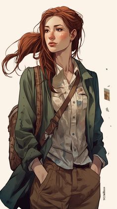 a drawing of a woman with long red hair wearing a green jacket and brown pants