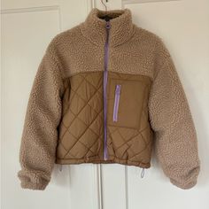 Asos Only Teddy Sherpa Jacket With Contrast Quilting In Beige, Size Medium, Brand New Beige Fleece Jacket With Pockets For Cold Weather, Brown Fleece Jacket With Pockets For Cold Weather, Cozy Beige Sherpa Outerwear, Winter Brown Patchwork Outerwear, Brown Sherpa Fleece Jacket With Pockets, Cozy Khaki Outerwear, Beige Sherpa Outerwear For Winter, Brown Sherpa Outerwear For Fall, Beige Fleece Jacket For Fall