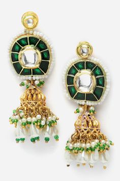 Product Features: Color: Green, Gold, White Material: Alloy Metal Design: Kundan, Pearls, Natural Stones Dimensions: Length of Earring= 6 CM; Width of Earring =2 CM; Adjustable - No Occasion: Festivewear, Partywear Product Type: Jhumka Disclaimer: There will be slight difference in digital to actual image Gold Jhumkas, One Minute Saree, Pearl Shop, Jhumka Earrings, Innovative Fashion, Traditional Sarees, Summer Ready, Metal Design, Saree Collection