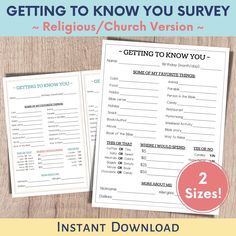 "This printable, interactive one page religious themed getting to know you questionnaire is great for learning more about fellow church members, secret sisters, prayer groups, and ministry groups. Use it for gift exchanges, church staff appreciation gifts, secret sisters, team building, and more to find someone the perfect gift...or just learn more about the people around you! What you'll get (4 pages total - 8.5\" x 11\"): - Two full page (8.5\" x 11\") surveys (one color option and one black and white option) - Two pages with two half size surveys per page (5.5\" x 8.5\" each survey - one color option and one black and white option) This is an instant digital download meaning NO physical product will be sent. This item is NOT EDITABLE." Secret Sister Questionnaire For Church, Secret Sisters Ideas For Church, Womens Retreat Favors, Secret Sister Questionnaire, Church Volunteers, Christian Retreat, Bible Story Book, Senior Programs, Secret Sister Gifts