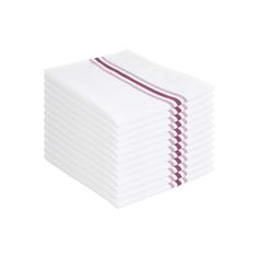 a stack of white napkins with red stripes