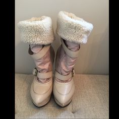 Guess Marciano Winter Boots. Beautiful Boots But No Occasions To Wear Them. New. Never Worn. Size 6. Still Price Tag On It. Before Tax $318 Cream Boots With Leather Sole And Round Toe, Designer Winter Round Toe Heeled Boots, Luxury Winter Boots With Round Toe, Luxury Beige Winter Boots, Calf Leather Heeled Boots With Leather Sole For Winter, Winter Heeled Boots With Calf Leather And Leather Sole, Luxury Round Toe Heeled Boots For Winter, Designer Winter Boots With Leather Sole, Designer Leather Winter Boots