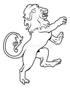 a black and white lion jumping with its paw in the air outlined on a white background