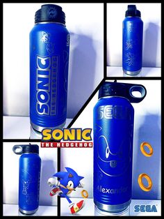 sonic the hedgehog water bottle is shown in four different pictures, including an action figure