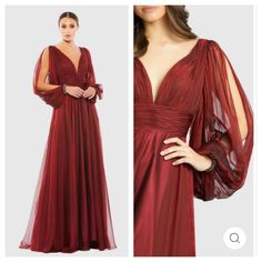 Brand New But Does Have A Dirty Spot On The Back, Probably From The Pallet Or The Floor From The Store. It Might Come Out When It Is Steamed Size 16 No Missing Beads On The Wrists No Snags Retails For $399 Burgundy Chiffon Evening Dress, Red Flowy Dress For Formal Occasions, Red Flowy Formal Dress, Red Chiffon Evening Dress, Flowy Red Formal Dress, Flowy Red Chiffon Long Sleeve Dress, Elegant Red Chiffon Dress With V-neck, Red Floor-length Chiffon Dress For Formal Occasions, Mac Duggal Shoulder Bow Red