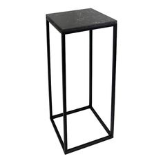 a black metal side table with a marble top and square base on an isolated white background