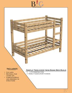 the bunk bed frame is made out of wood and has two shelves on each side