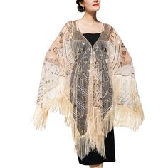 PRICES MAY VARY. 💓【Premium Fabric】1920s shawl make of high quality mesh fabric,lightweight and breathable. 💓【Classic design】 Sheer evening capes decorated with glittery sequins and braided tassels hanging down from both ends. 💓【Size Chart】Free size.It can hold up to 3X.Don't worry you won't fit in 💓【Exquisite workmanship】This Flapper shawl has multiple sequins and beaded embellishments,the fringe are naturally drooping and flowing,elegance and luxury. 💓【1920s Accessories for Women】The 1920s White Fringe Shawl, 1920s Shawl, Silver Shawl, Braided Tassels, 1920s Accessories, Flapper Accessories, Sheer Cape, Art Deco Party, Harlem Nights