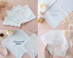 Personalized Wedding Handkerchief with name and wedding date and message. - Hundred Hearts Personalized Handkerchief, Personalized Handkerchief Wedding, Embroidery Wedding, Wedding Handkerchief, Gift For Parents, Cotton Embroidery, Simple Logo, Gift For Mother, Wedding Date