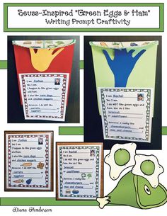 Quick, easy & a ton of fun, your students will enjoy filling in the blanks to complete a simple writing prompt. Packet also includes a graphing extension. Sweet bulletin board too! Green Eggs And Ham Activities, Thumbs Up Thumbs Down, Polka Dot Letters, Cute Writing, Green Eggs And Ham, 3d Craft, Student Drawing, Paper Plate Crafts