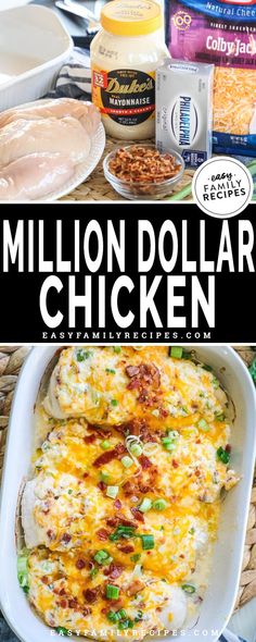 a collage of photos with the words million dollar chicken in front of it and an image of a casserole dish