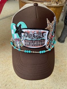 Custom trucker patch hat, with all the favorite outlaw country "Dinosaurs". Comes with 7 patches and one custom beaded trucker chain. Made on a mesh snap back trucker hat. This item will not be altered. Hat Bar, Outlaw Country, Western Style Outfits, Patch Hat, Hat Ideas, The Favorite, Snap Back, Snap Backs, Style Outfits