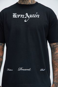 Available In Black. Crew Neck Short Sleeve Screen Print Oversize Fit 100% Cotton Disclaimer: Due To The Printing Process A Difference In Saturation May Occur. Each Garment Is Unique. Print Placement Will Vary. Imported | Mens Born Again Oversize Short Sleeve Tee Shirt in Black size 3XL by Fashion Nova Black Slogan Shirt For Streetwear, Black Slogan Urban Tops, Black Urban Slogan Top, Oversized Slogan Shirt For Streetwear, Urban Black Slogan Top, Oversized Black Shirt With Text Print, Black Shirt With Text Print Relaxed Fit, Oversized Black Shirt With Letter Print, Oversized Black Shirt With Screen Print