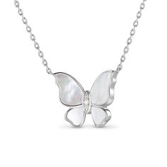 Add elegance to your outfit with this beautiful mother of pearl butterfly pendant. Crafted in sterling silver and adorned with mother of pearl and white stones, this necklace recreates the charm of the butterfly. It is ideal for all butterfly lovers.Carat Weight: 0.039 ctStone Size: 1.1,1.3 mmStone Type: Jeulia® StoneNumber of Stones: 3 Stone Shape: RoundStone Color: Diamond WhiteWeight: 4.03 gMaterial: 925 SilverPlating Color: SilverLength: 425 mm Elegant Silver Butterfly Necklace In Sterling Silver, Luxury Sterling Silver Butterfly Necklace, Sterling Silver Butterfly Pendant Necklace, Sterling Silver Necklace With Butterfly Charm, Elegant Sterling Silver Butterfly Necklace, Luxury White Gold Butterfly Pendant Necklace, Delicate Sterling Silver Butterfly Necklace In White Gold, Delicate White Gold Sterling Silver Butterfly Necklace, Delicate White Gold Butterfly Necklace In Sterling Silver