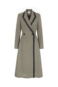 Our Washington Prince of Wales Coat is a chic wardrobe investment, taking inspiration from a vintage hunting coat. Cut from an incredibly soft and warm luxurious cashmere virgin wool blend Italian cloth, The Washington Coat is extremely flattering, with a modern semi-fitted cut, outlined in chic black silk satin. The coat is also entirely lined in silk satin. The soft A-line midi skirt of the coat has perfectly-placed front pockets. Single breasted button detailing with black silk contrast cover Old Money Coat, Coat Winter Outfit, A Line Coat, Luxury Coat, Dress Coats, Hunt Coat, Vintage Hunting, Gown Suit, Vintage Coats