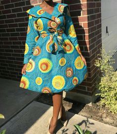 "African ankara hand made women knee length wrap dress with belt Polycotton fabric Contact me for other sizes or if you want different body measurements. Check the measurement before purchasing. Please take your measurements before you order. Please don't assume that you know your measurements because every store has their own size guide. Let me know within 3 days after receiving the item that you want to return it. Cancel order within 12 hours after purchase. Item must be returned within 7 days Blue Long Sleeve Ankara Dress, Long Sleeve Ankara Fabric Spring Dress, Spring Ankara Long Sleeve Dress, Spring Long Sleeve Ankara Dress, African Party Dresses, Dress Ankara, Dress African, Ankara Print, Polycotton Fabric