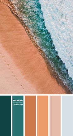 an aerial view of the beach with waves crashing in to shore and color swatches