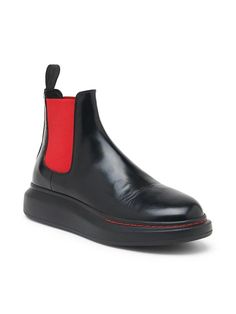 The McQueen Chelsea Platform Boot - a standout staple reimagined. Italian leather, rounded toe and vibrant elastic panels update this iconic style with an elevated lift, perfect for rocking any look with signature edge and comfort. #McQueenBoots Alexander Mcqueen Boots, Sarah Burton, Alexander Mcqueen Shoes, Manhattan Toy, Heron Preston, Classic Boots, Leather Chelsea Boots, Mens Shoes Boots, Side Panels