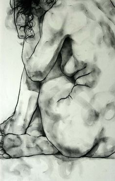 a black and white drawing of a nude woman sitting on the ground with her head down