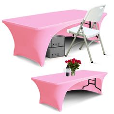 a pink table with two chairs next to it and a flower vase on the table