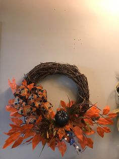 Fall Wreath w/pumpkin-17'Round on grape vine w Navy pumpkin and navy orange  bow Elegant Fall Wreaths, Poinsettia Wreath, Natural Wreath, Wood Artwork, Burlap Bows, Elegant Fall, Decorative Pottery, Cozy Atmosphere, Autumn Season