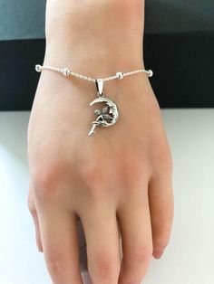 Fairy Moon Bracelet, Sterling Silver Beaded Bracelet, Fairy Crescent Moon Charm Bracelet, Stackable Whimsical Silver Beaded Adjustable Bracelets, Silver Beaded Bracelets With Moon Charm As Gift, Silver Fairycore Bracelet Gift, Fairy Moon, Silver Fairy, Casual Bracelets, Beaded Ankle Bracelets, Silver Beaded Bracelet, Silver Model