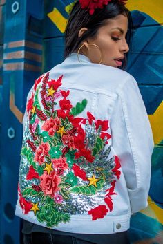 This unique and amazing custom handmade embroidered white jacket is a boho jacket for women. In an oversized denim jacket style you will become the center of attention using a master piece like this one. I T E M ~D E T A I L S Size: LargeTechnique used: Embroidered and sewed on patches and fabrics. Time invested in the making: 5 hours Military green jacketThis piece is One of a Kind.This jacket was made as part of my collection "Walking Art" where I wanted to make the person who uses my pieces a Casual White Embroidered Denim Jacket, Long Sleeve White Outerwear For Festival, White Long Sleeve Outerwear For Festival, White Embroidered Denim Jacket For Fall, Trendy Floral Embroidered Summer Outerwear, Trendy Cotton Outerwear With Floral Embroidery, Embroidered White Denim Jacket For Spring, Bohemian Denim Jacket With Floral Embroidery For Summer, White Embroidered Cotton Denim Jacket