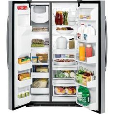 an open refrigerator with the door wide open and full of food items inside it,