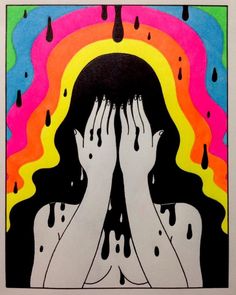 an image of a woman covering her face with hands in front of a rainbow background