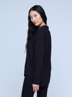 A modern classic. The Nina blouse is structured in all the right places with a relaxed, flattering fit. Refined button-down construction with a chic open collar and draped long sleeve in black silk. Cashmere Travel Wrap, Designer Clothing Brands, All The Right Places, Long Style, Blouse Top, Black Silk, Designer Outfits Woman, Black Blouse, Silk Blouse