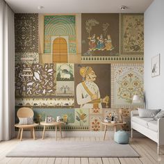 a living room filled with furniture and wallpaper covered in colorful paintings on the walls