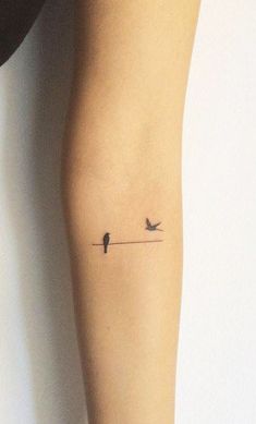 a small tattoo on the arm of a woman with two birds sitting on a wire